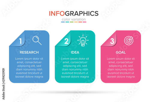 Concept of arrow business model with 3 successive steps. Three colorful rectangular elements. Timeline design for brochure, presentation. Infographic design layout.