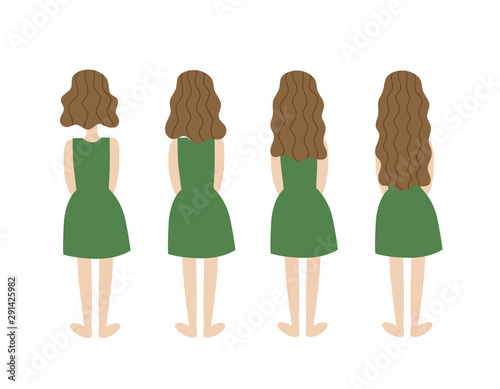 Girl in a green dress with different hair lengths. From square to long. Vector illustration on white background