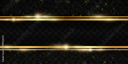 Gold glitter with shiny gold frame on a transparent black background. Vector luxury golden background.