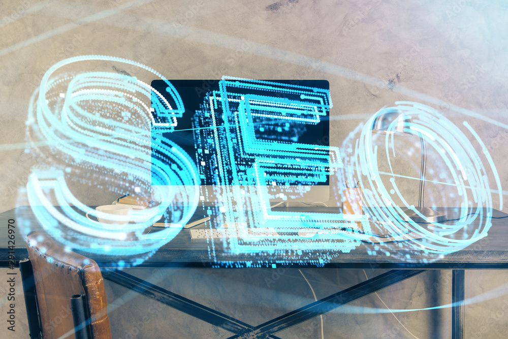 Multi exposure of table with computer and seo drawing hologram. Search optimization concept. Multi exposure of table with computer and seo drawing hologram. Search optimization concept.