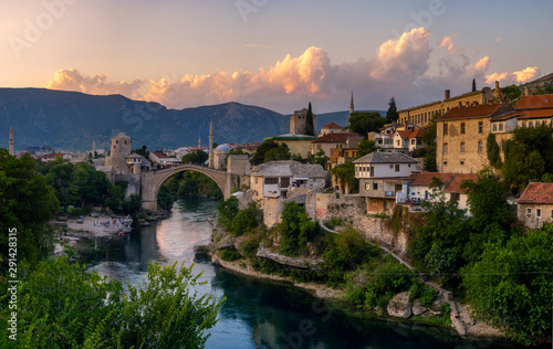 Skyline of Mostar with the Mostar Bridge against the beautiful evening sky