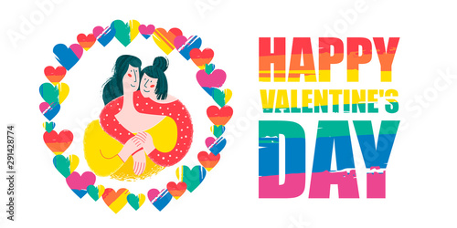 Happy Valentine's day. Vector postcard on white background. Pretty girls, couple of lesbians. Cute illustration of love.