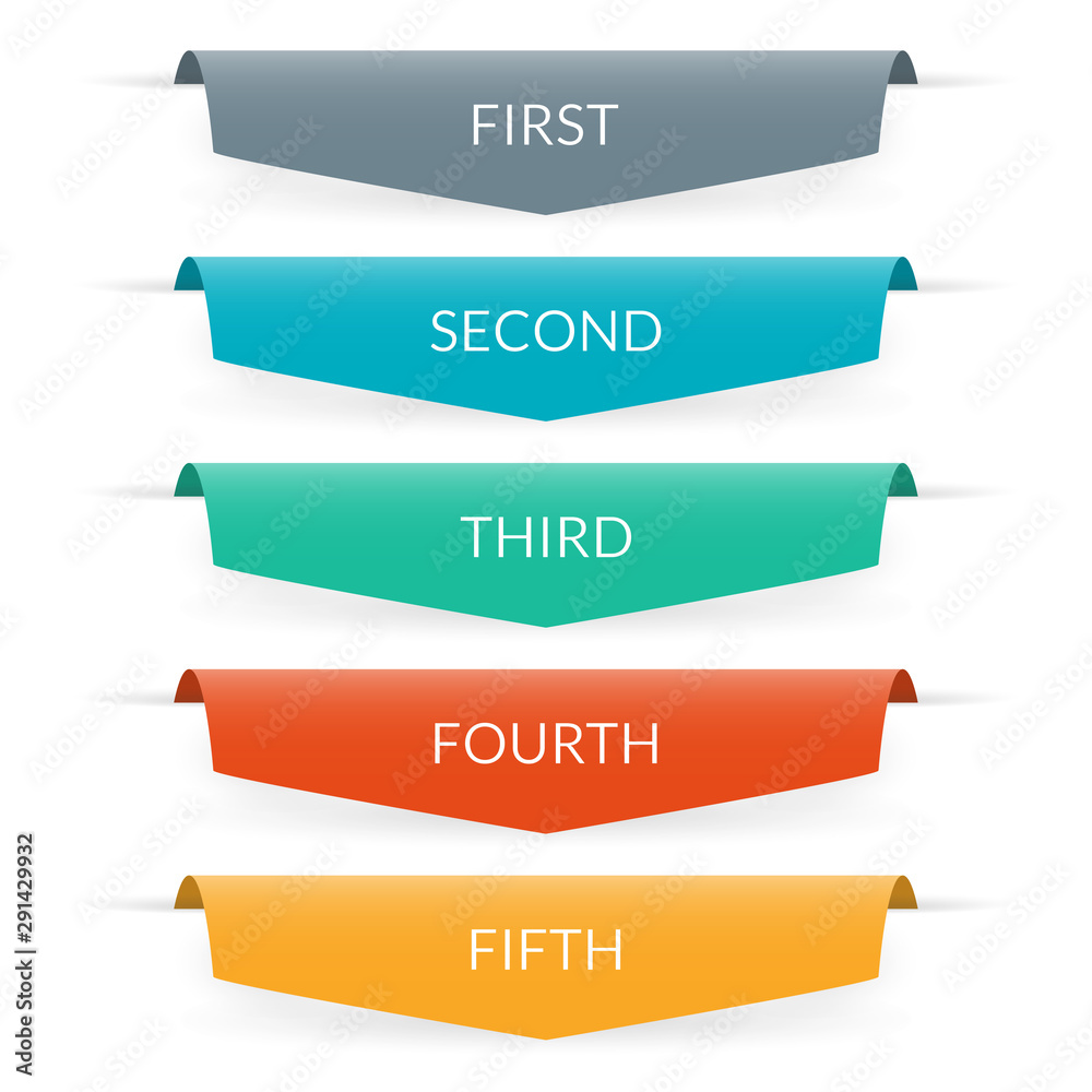 Ribbon banner design. Infographic labels or tabs with 5 options, levels or steps and space for text. Graphic elements for web, information brochure and business presentation. Vector illustration.
