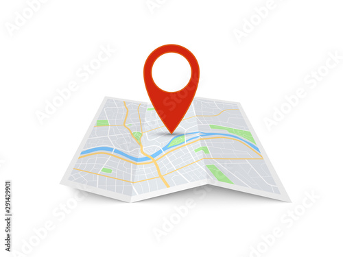 Map with pin. Red direction pointer on folded city map, gps navigation and travel location vector 3d icon
