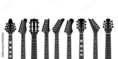 Guitar headstocks. Acoustic and rock electric guitars heads. Outline musical instrument, minimal abstract music symbols vector concept