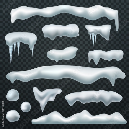 Snow caps. Ice cap with shadow, snowdrifts and icicles. Winter season christmas and new year realistic 3d isolated vector elements