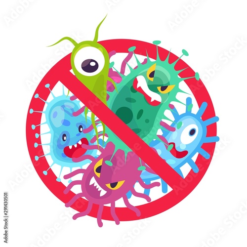 Antibacterial symbol. Virus infection and microbes bacterias control, humor cartoon protection sign stop vector icon photo