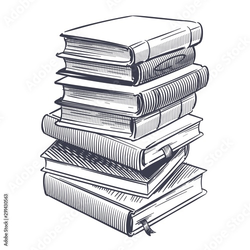 Stack of books sketch. Drawings engrave pile of old vintage dictionary and study research book vector illustration