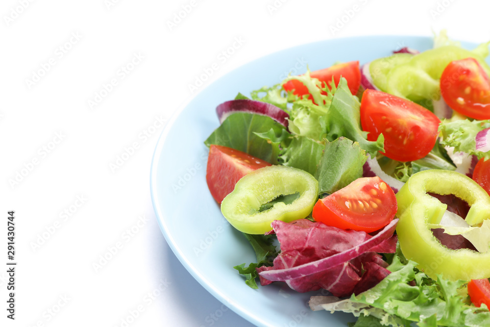 Salad of fresh vegetables isolated on white background, close up