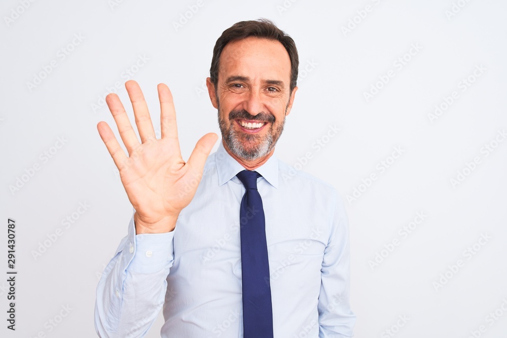 Middle age businessman wearing elegant tie standing over isolated white background showing and pointing up with fingers number five while smiling confident and happy. Middle age businessman wearing elegant tie standing over isolated white background showing and pointing up with fingers number five while smiling confident and happy.