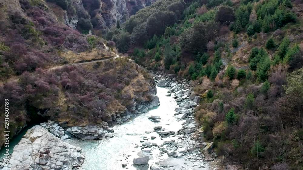 wide aerial shot of Skippers canyon and Shotover River in Queenstown, Central Otago, New Zealand wide aerial shot of Skippers canyon and Shotover River in Queenstown, Central Otago, New Zealand