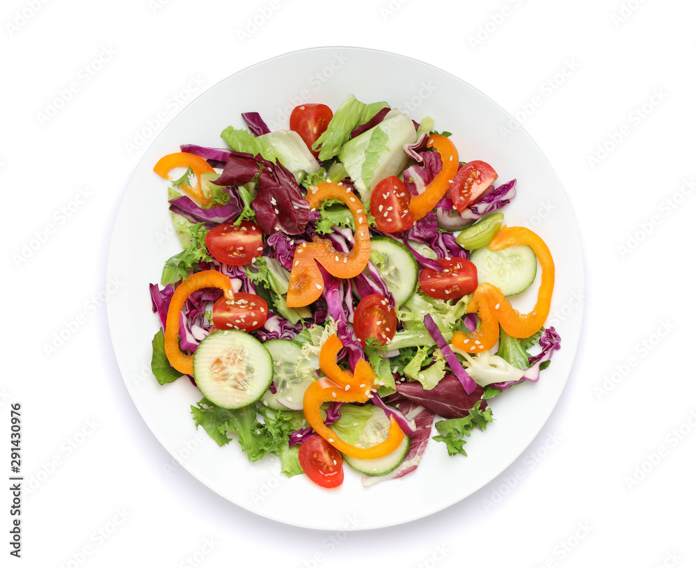 Plate with fresh salad isolated on white background