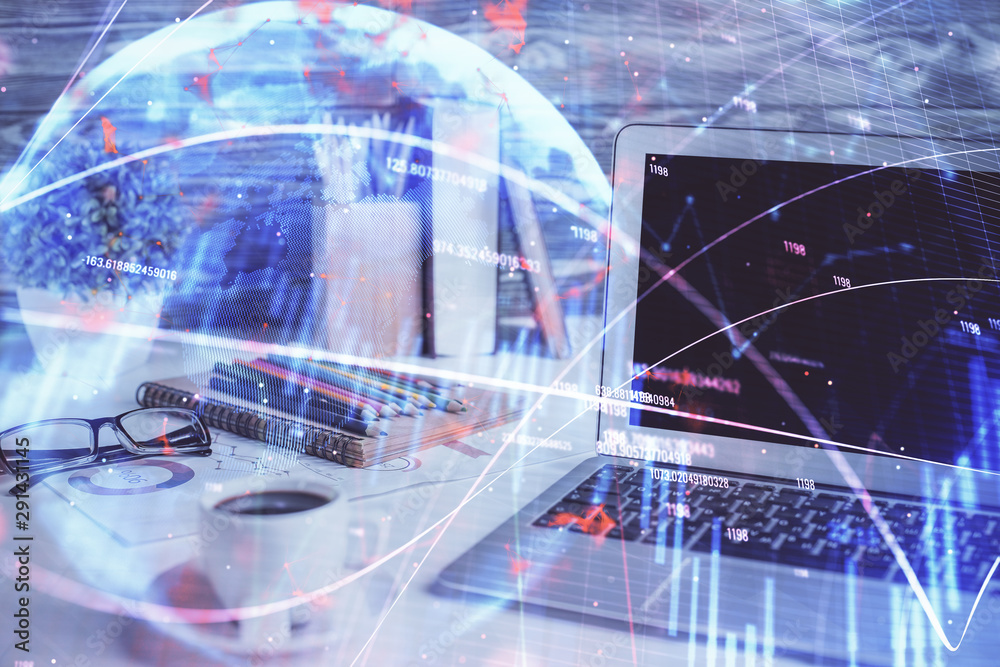 Financial market graph hologram and personal computer on background. Double exposure. Concept of forex. Financial market graph hologram and personal computer on background. Double exposure. Concept of forex.