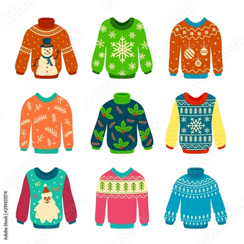 Ugly sweater. Knitted jumpers with christmas patterns, snowman and santa claus. Xmas scrapbook elements vector set