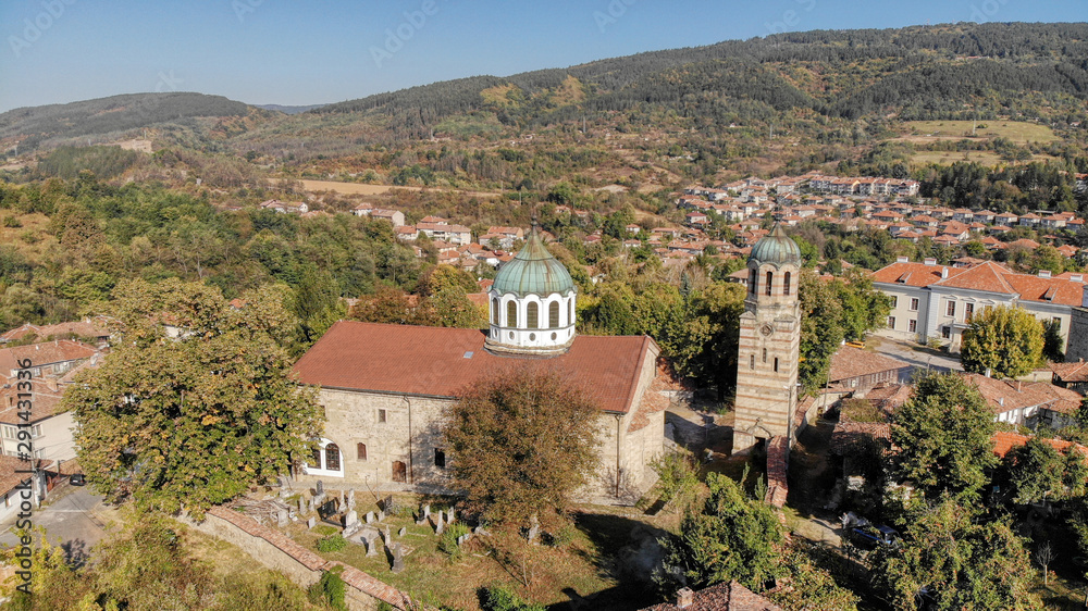 Elena aerial panorama with church and clock tower