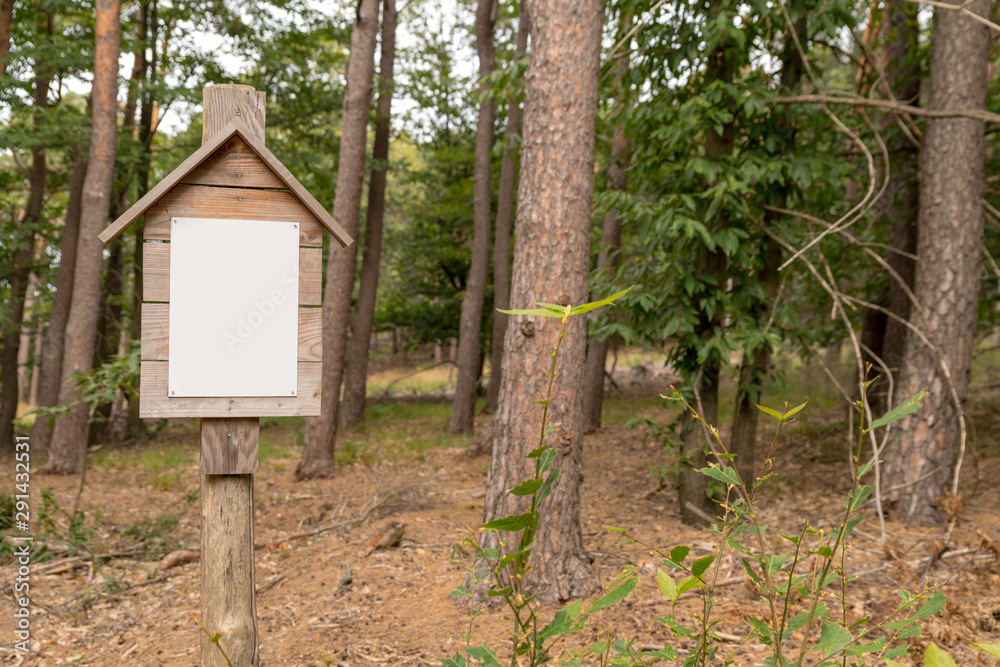 Blank sign on a wooden board is in the woods on a wooden post, screwed Blank sign on a wooden board is in the woods on a wooden post, screwed