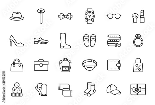 Accessory, Fashion Line Icons. Vector Illustration Included Icon as Footwear, High Heels Shoes, Bow Tie, Backpack, Knitted Clothes and other Apparel Flat Pictogram for Cloth Store. Editable Stroke
