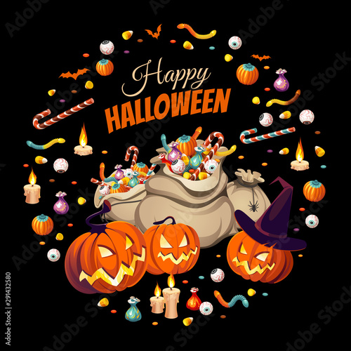 Banner with pumpkins and bags of сolorful Halloween sweets for children: candy, chocolate, jelly isolated on black background.