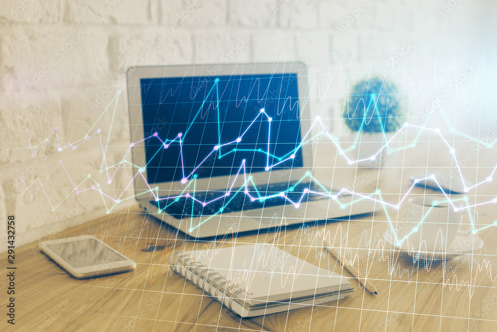 Multi exposure of forex graph and work space with computer. Concept of international online trading. Multi exposure of forex graph and work space with computer. Concept of international online trading.