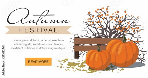 Autumn festival web banner. Pumpkins next to the berry Bush. 