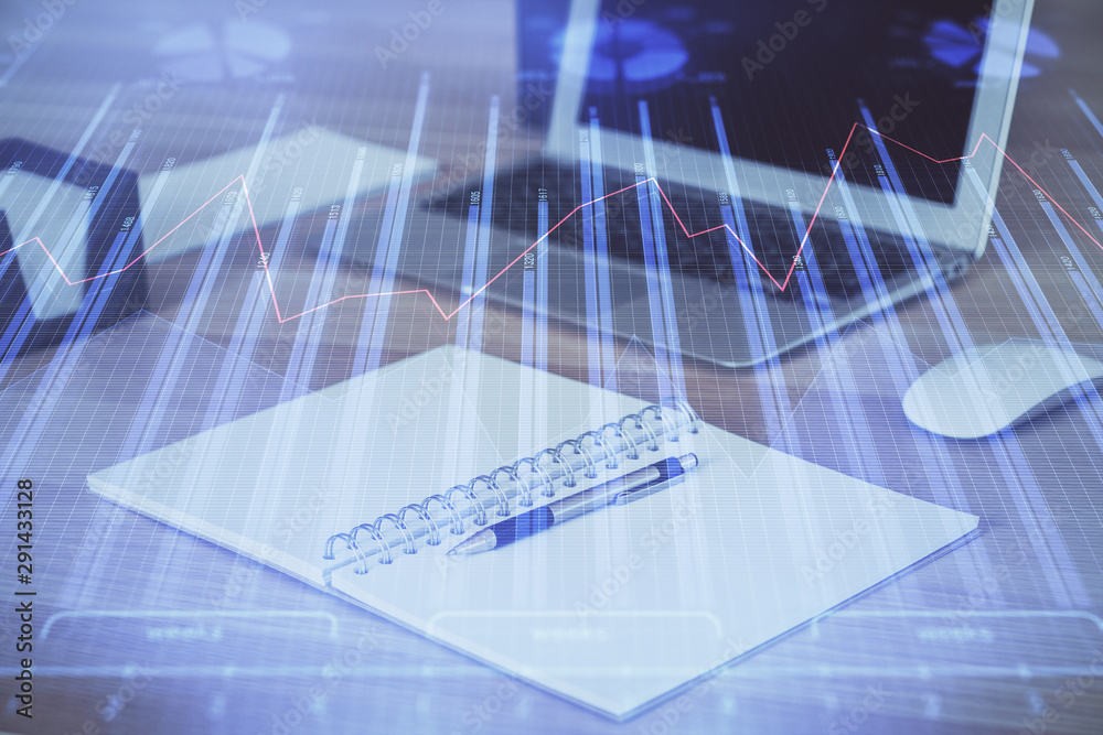 Multi exposure of graph and financial info and work space with computer background. Concept of international online trading. Multi exposure of graph and financial info and work space with computer background. Concept of international online trading.