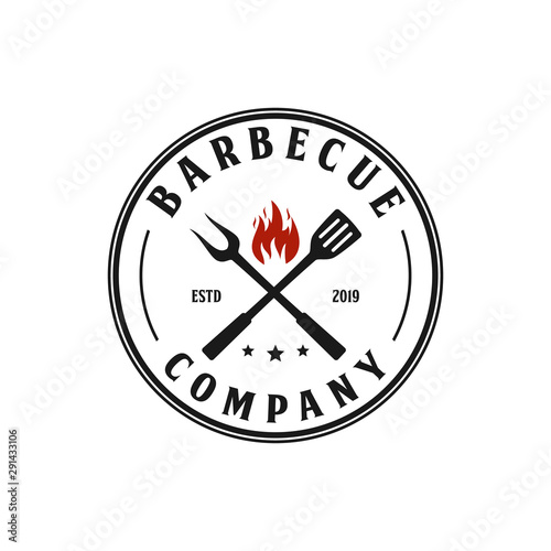 Barbecue and grill badge logo design. Fork and spatula for barbecue grill logo