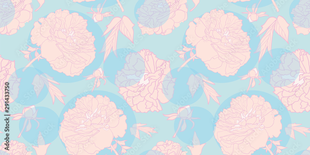 Elegant realistic festive peony botanical pattern, modern peony blossom in pastel tones with circles. All over print. Perfect for wallpaper, stationary, event, wedding, fashion. Elegant florals.
