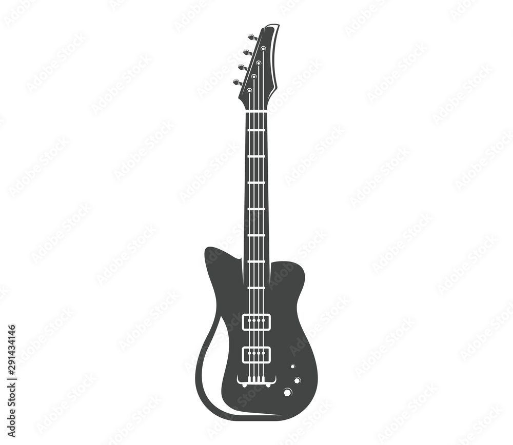 Vector logo. Guitar. Graphic design of musical instrument. Rock guitar. Graphic design concept. Emblem, element, template, symbol, label, sign.