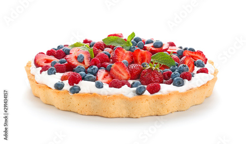 Tasty berry pie on white background