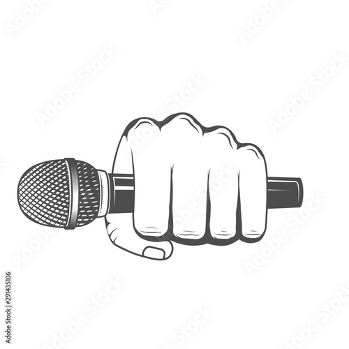 Vector logo hands microphone. Design element for printing.