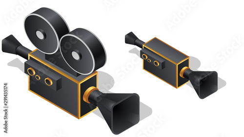 Retro movie camera isometric icons
