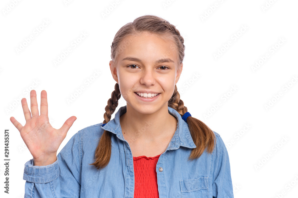 Portrait of happy teen girl showing one palm - 5 fingers, isolated on white background. Happy smiling child doing gesture of number Five. Series of photos count from 1 to 10. Portrait of happy teen girl showing one palm - 5 fingers, isolated on white background. Happy smiling child doing gesture of number Five. Series of photos count from 1 to 10.