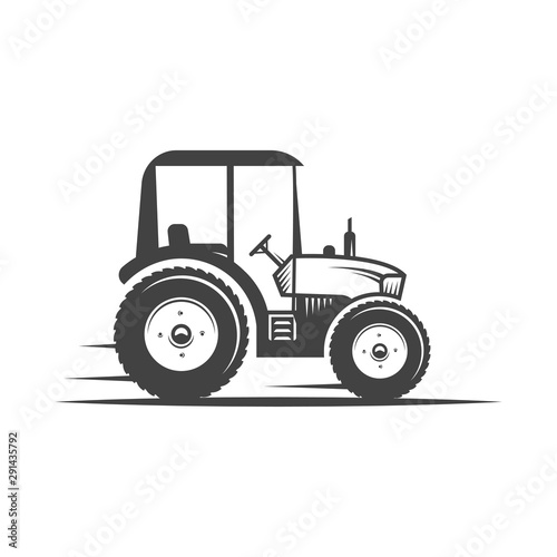 Vector logo tractor. Harvesting machine. Icon symbol, emblem, element. Logotype for engineering, auto parts, agriculture.