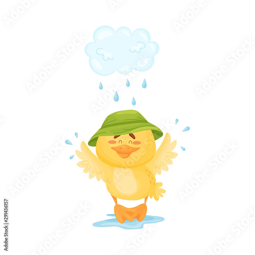Cartoon duckling walks in the rain. Vector illustration.