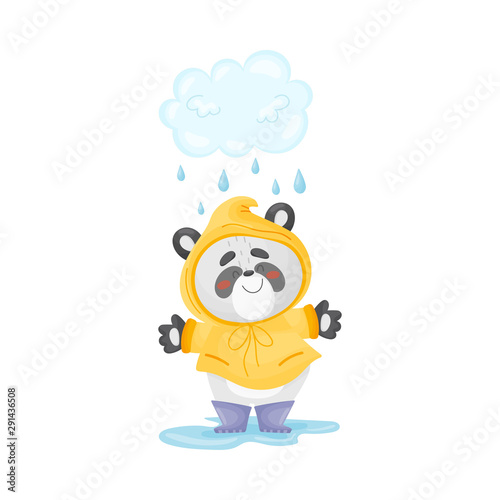 Cute panda is standing in the rain. Vector illustration.