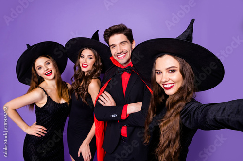 Close up photo of fantasy mysterious night fairy creatures gorgeous witches take selfie powerful magician cross arms enjoy october tradition halloween party isolated purple violet color background