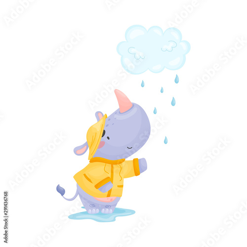 Rhino catches drops in the rain. Vector illustration.