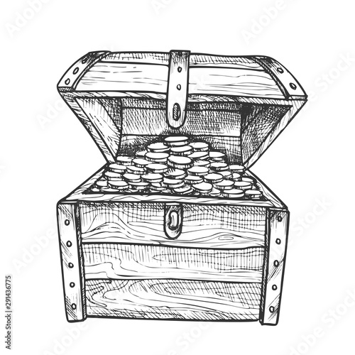 Treasure Chest Filled Golden Coins Ink Vector. Ancient Open Wood Chest Container With Jewelry Precious. Wealth Engraving Mockup Hand Drawn In Retro Style Black And White Illustration