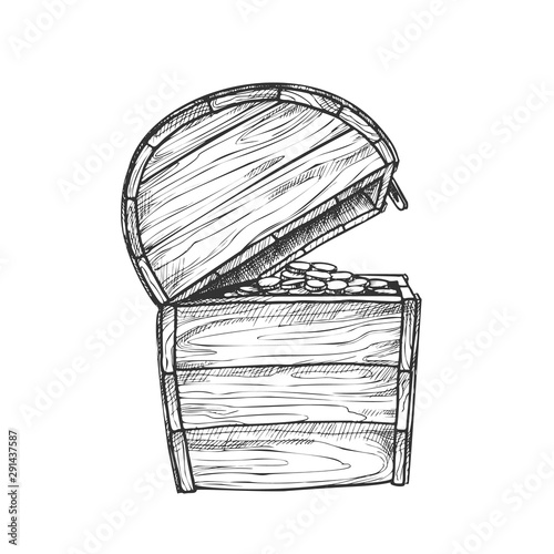 Treasure Chest With Coins Side View Vintage Vector. Classical Antique Open Wooden Chest With Royal Precious. Wealth Hoard Engraving Mockup Designed In Retro Style Monochrome Illustration