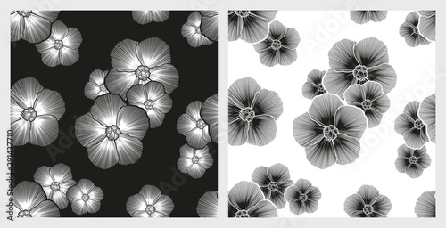 tropical black and white flowers, imitation embroidery, set of two seamless patterns, editable vector illustration
