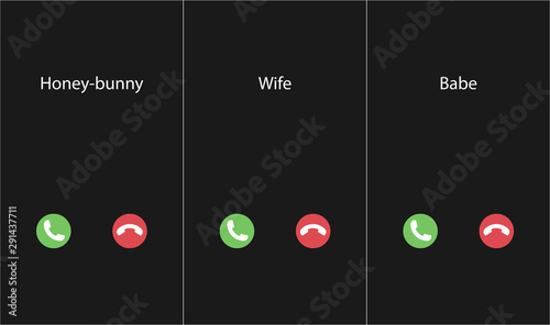 Vector illustration with the inscription: Babe, Wife, honey-bunny caller. Phone interface with two icons accept or reject a call