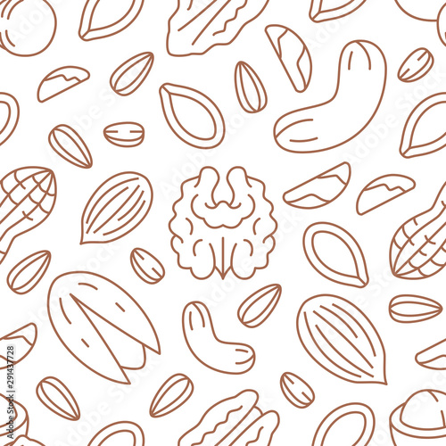 Nut seamless pattern with flat line icons. Vector background of dry nuts and seeds - almond, cashew, peanut, walnut, pistachio. Food texture for grocery shop, brown white color