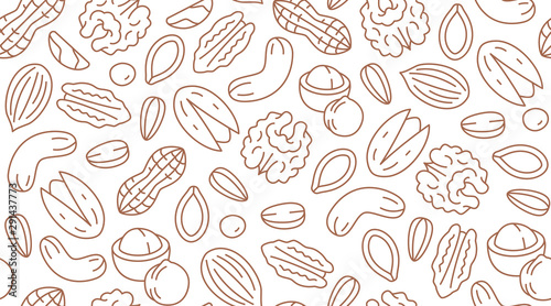 Nut seamless pattern with flat line icons. Vector background of dry nuts and seeds - almond, cashew, peanut, walnut, pistachio. Food texture for grocery shop, brown white color photo
