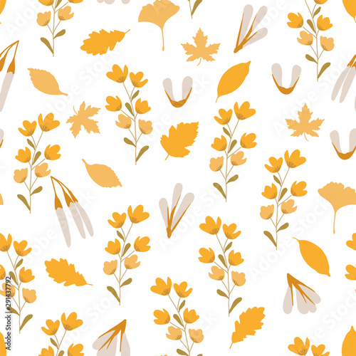 Autumn seamless pattern, September yellow leaves, tree seeds and yellow wildflowers randomly arranged on a light background. October background, warm colors.