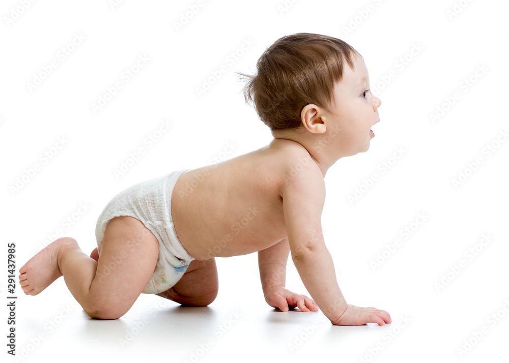 Cute smiling baby crawling wearing diaper, isolated on white