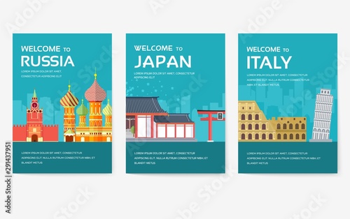 Country of Egypt, Austria, Germany, India, Russia, Thailand, Japan, Italy card set. Travel of the world of flyer, magazines, poster, book cover, banner. Layout infographic template illustration page