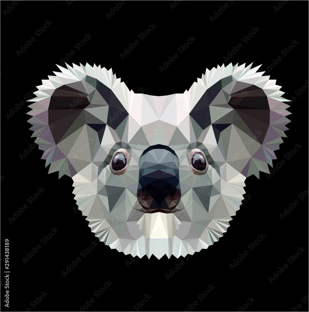 Low poly triangular koala head on black background, vector illustration  isolated. Polygonal style trendy modern logo design. Suitable for printing  on a t-shirt. Stock Vector