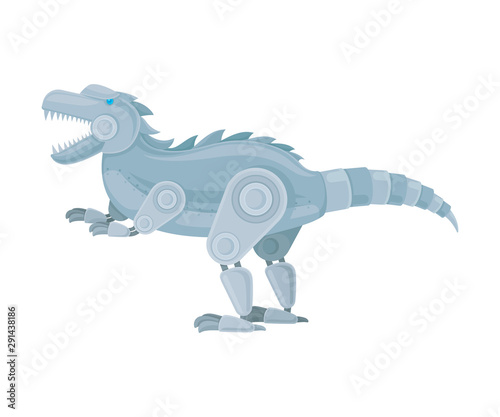 Robot dinosaur stands on its hind legs. Side view. Vector illustration on a white background.