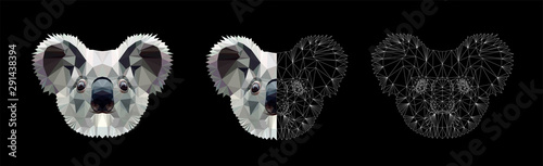 Low poly triangular koala heads set on black background, vector illustration isolated.  Polygonal style trendy modern logo design. Suitable for printing on a t-shirt.