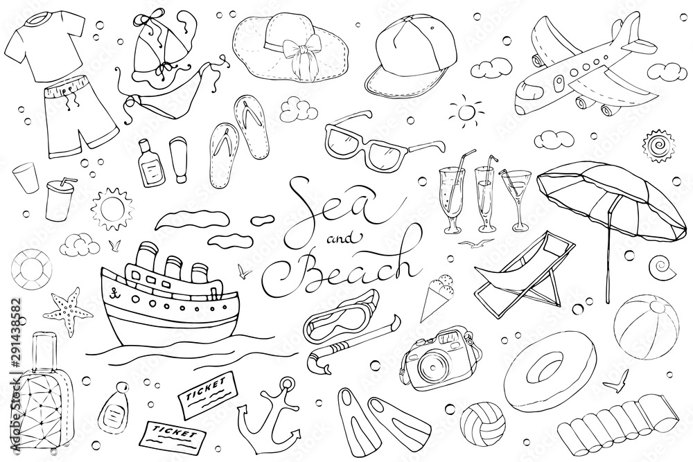 Sea and beach collection. Vector set of monochrome funny doodle summer symbols for a beach holiday. Isolated elements on a white background. Linear hand drawn illustration.